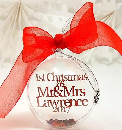 Our First Christmas as Mr and Mrs Personalised Bauble Xmas Tree Decorations, Red Glitter - Thin Ribbon &amp; Snowflake
