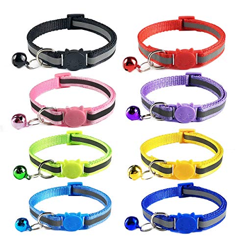 VenSten Collar Reflectante para Gato con Campana, Collar Ajustable para Gatos, liberación rápida de Seguridad para Gatos, Cachorros y Mascotas, 8 Paquetes