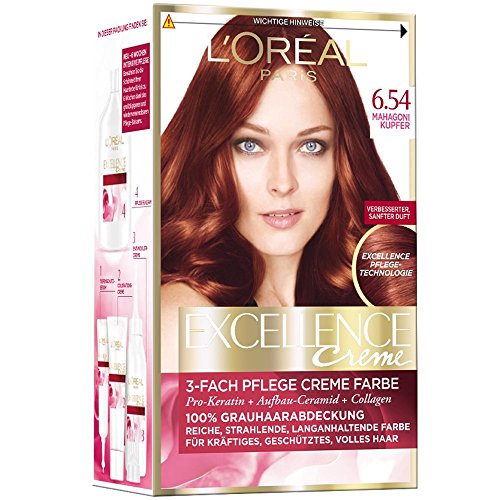 3 x L'Oreal Excellence Creme /Mahagoni Kupfer 6.54/ Haarfarbe/ Dauerhafte Coloration/ 100% Grauabdeckung