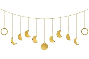 Poeland Moon Phase Hanging Wall Decor, Boho Moon Ornaments with Hooks, Moon Hang Art Decor for Bedroom, Home, Office, Nursery (Gold Moon)