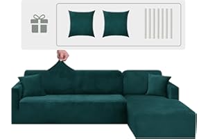 CHELZEN Velours Housse de Canapé Peninsula en Forme de L, 2 Pièces Housses de Canapé d'angle, Housse de Canapé pour Chaise Longue avec Deux Taies d'oreiller (2 Place+3 Place, Vert Noirâtre)