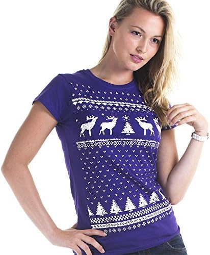 Glow in The Dark Womens Reindeer Christmas Jumper Style T-Shirt - Purple