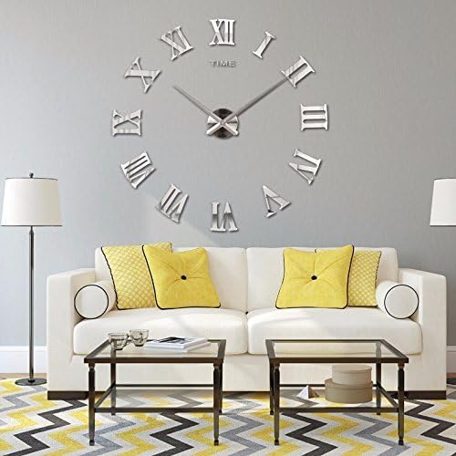 DIY Wall Clock Silent 3D Acrylic Sticker Roman Numbers Adhesive Modern Art Wall Clock Parts Kit Home Decorations for Office Living Room Bedroom (Silver Roman Numerals)