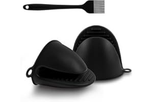 FACIACC Silicone Oven Mitts Mini Oven Gloves Heat Resistant for BBQ Cooking Baking Non-Slip Pot Holder with Oil Brush Thicken Kitchen Gloves for Oven, Air Fryer, Black
