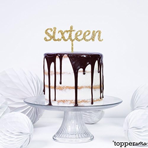 Sixteen 16 16th Age Birthday Cake Topper by Topperama (3mm Gold Glitter Acrylic)