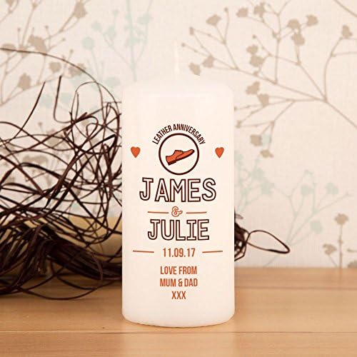 Three Year Wedding Anniversary White Keepsake Pillar Candle. Leather Anniversary