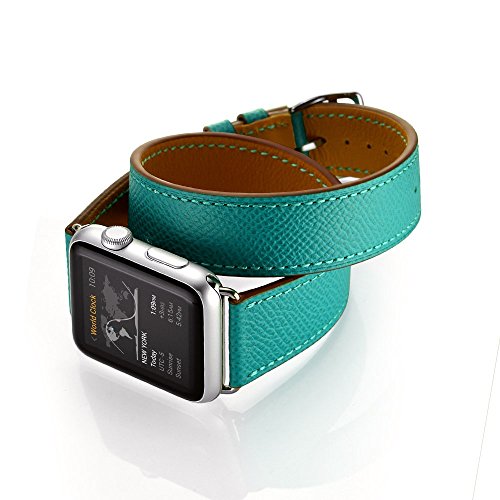 Apple-Uhrenarmband , kartice Luxus Strukturierter echtes Leder-Uhrenarmband -Gurt-Armband Ersatzhandgelenkbänder mit Adapter Haken für iWatch Apple-Watch & Sport & Edition (42mm, Doppel Tour Pfauenblau)
