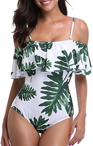 AHOOME Women Swimwear One Piece Flounce Swimsuit Pineapple Printed Off Shoulder Bathing Suit(C-XL)