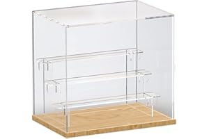 Nynelly 4 Tier Clear Acrylic Display Case for Models, Mini Figures, Pop Mart, Labubu, Sonny Angel, Smiski - Assemble Dustproof Display Box with Door, Display Stand (Wood Base,Clear Step)