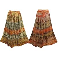 Mogul Interior Women's Maxi Skirt Georgette Tie Dye A-Line Boho Chic 2pcs Long Skirts S/M Yellow, Orange