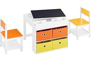 SoBuy Kindertisch mit 2 Stühlen, Spieltisch mit 4 Aufbewahrungsboxen, Kinderschreibtisch, Vielseitiger Kindertisch für Kinder zum Essen, Lernen und Spielen, Weiß, 60x60x50cm, KMB75-K-W