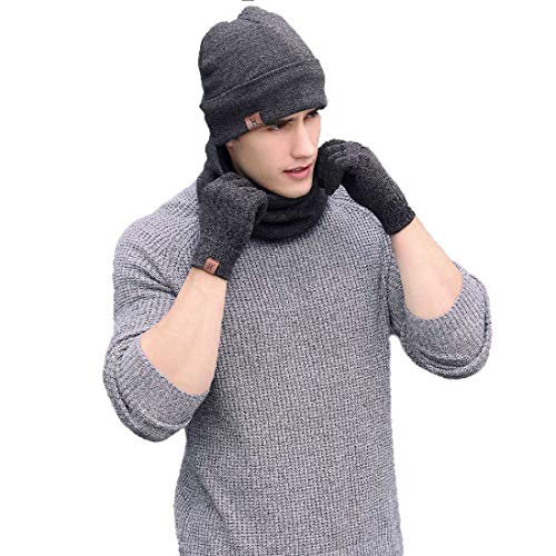 Tuopuda® Gorro Bufanda Guantes Set de Invierno para Hombre y Mujer Gorro de punto Bufandas Caliente Guantes de Pantalla Táctil (gris profundo)
