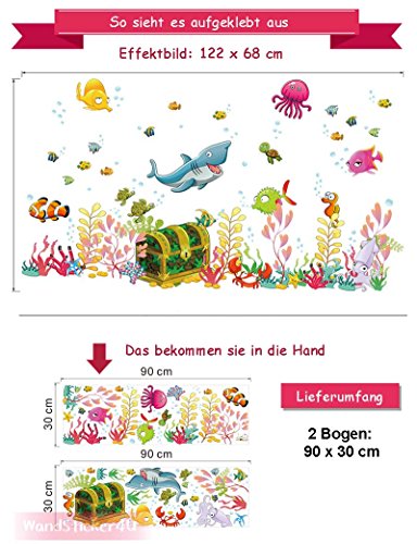 WandSticker4U- Wandtattoo „Unterwasserwelt mit Schatztruhe“ bunt | Effektbild: 122x68cm | Aquarium Fische Hai Unterwasser See Ozean | wasserfeste Wandsticker Fliesen Sticker Deko für Kinderzimmer Kinder Badezimmer Bad GROSS - 7