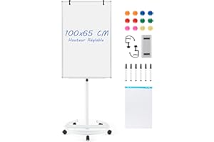 GOPLUS Tableau Blanc Mobile Magnétique avec Hauteur Réglable, Tableau Blanc Rotatif à 360° avec 4 Roues, Effaceur, Aimants, Tableau Effaçable, pour École,Bureau (Blanc|Base Rond, 65l x 100H cm)
