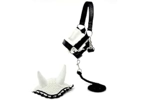 HOBBY HORSE LAND Bonnet Anti-Insectes Blanc et Licol moumoute Noir avec Longe pour Hobby Horse et activité de Hobby Horsing.