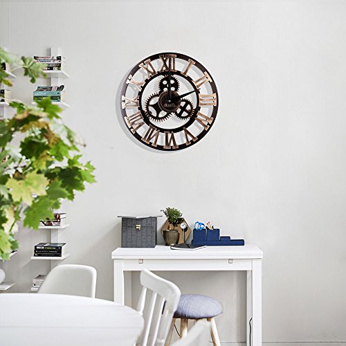 HooYL stylische Wanduhr im Vintage Look mit dekorativem Zahnrad und römischen Ziffern aus Holz (Farbe Kupfer) - 6