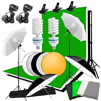 Abeatstudio Abeststudio Photo Studio Éclairage continu Kit 2x135W Ampoule, 4x 1.6 * 3m Backdrops (Noir Blanc Vert de gris), 4x 2x Parapluie Lumière stand, 2 * 3m fond Support stand + 60cm 5 en 1 panneau réflecteur