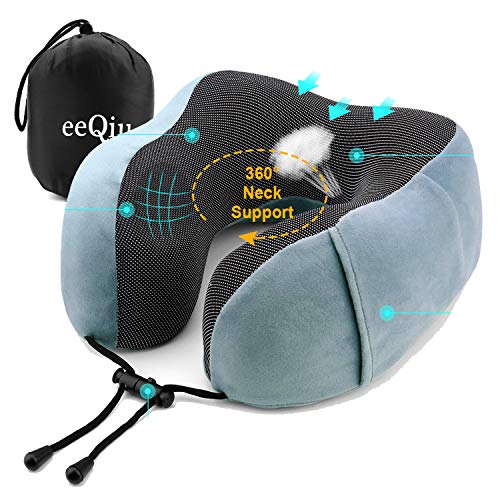 Travel Pillow - eeQiu Memory Foam Neck Pillow with Carry Case & Comfortable Portable Neck Head Support Cushion Flight Pillow for Airplane,Train, Car Travelling Use (Blue Gray)