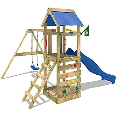 WICKEY Aire de jeux FreeFlyer Portique de jeux en bois Maison d'enfants avec balançoire, toboggan bleu, mur d'escalade, échelle de cordes, bac à sable + Accessoires