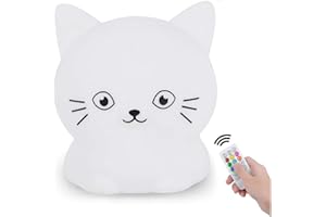 Glinrui Luz de noche Gato Luz Nocturna Infantil, Lámpara de Mesa cabecera silicona, 9 colores lámpara LED aplaudir luces para Dormitorio, Brillo y Color Ajustable, Configuracion de hora - Mediano