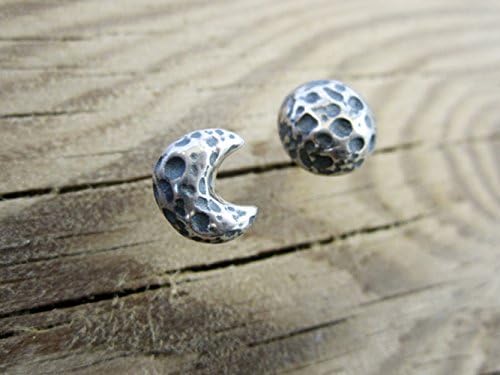 HANDMADE Silver Moon Stud Earrings - Sterling Full Moon Earrings - Crescent Moon Post Earrings - Mismatched Moon Phase Studs - Silver Half Moon