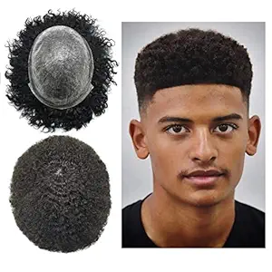 SINGA HAIR?Afro Mens Toupee Full Poly Skin PU Injection 6mm Afro Wave Human Hair Replacement System Afro Kinky Curl Hair Units for Black Men (8X10