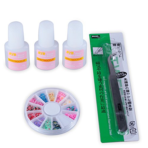 Perfect Summer Nail Fimo Flower Nail Art Decoration Tips + 3PCS Nail Glue + 1PCS Bent Tweezers Nail Art Salon Tools