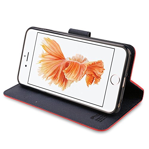 iPhone 6S Leather Case,iPhone 6 Leather Case, IPHOX Premium Folio Leather Wallet Case with [Kickstand] [Card Slots] [Magnetic Closure] [Hand Strap] Flip Notebook Cover Case for iPhone 6/6S -Red/Blue
