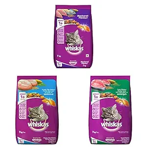 Whiskas Adult (1+ Year) Dry Cat Food, Mackerel, 7Kg Pack & Adult (+1 Year) Dry Cat Food, Tuna Flavour, 7kg Pack & Adult (+1 Year) Dry Cat Food, Ocean Fish Flavour, 7kg Pack