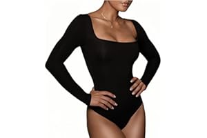 Rongseng Body Donna Maniche Lunghe Aderente Bodysuit con Scollatura Squadrata Sexy Body da Donna Manica Lunga Elegante Basic Tops Morbida Tinta Unita T-Shirt Casuale Elasticizzato Tuta Jumpsuits