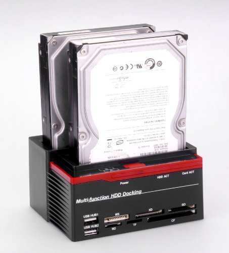 Ronsen 892U Externe Festplatte Docking Station – USB 2.0 Dual Bay Festplattenleser für 2,5 / 3,5 Zoll IDE und SATA I / II HDD SSD, mit All-in-1 Kartenleser (SD / XD / Micro SD / TF / MS / M2 / CF / MD Karte) und One Touch Backup, Unterstützung 2x 8TB, Tool-Free - 2
