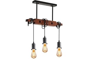 COMELY Lampada a Sospensione Vintage, 3 Luci Lampada a Sospensione in Legno, Plafoniera Soffitto Retrò E27 Lampadario Regolabile in Altezza per Sala da Pranzo, Cucina, Camera da Letto, Soggiorno