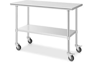 GIANTEX Table en acier inoxydable avec roulettes universelles, chariot de travail avec plateau large et étagère inférieure réglable, table de préparation en métal mobile pour cuisine, restaurant