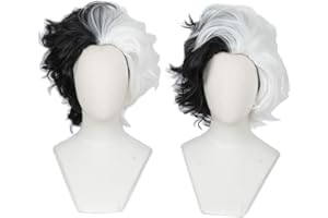 Linfairy Peluca Mitad Blanca y Mitad Negra de 2 Tonos Disfraz de Halloween Peluca Cosplay Para Mujer