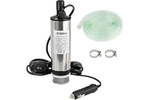 ANESTY Edelstahl Transfer Pumpe 12V Φ51mm Wasserpumpe Tauchpumpe für Auto Diesel Öl Heizöl Wasser Kraftstofftransfer Pumpe mit Zigarettenanzünder, Herausnehmbarem Filter, 3m Kabel +PVC Transparenter Schlauch