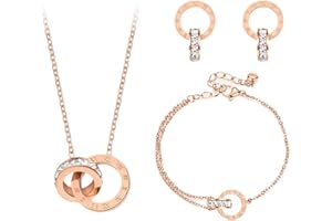 KBRPEY Jewellery Set for Women Necklace Bracelet and Earrings Set Double Circle Pendant Cubic Zirconia Round Interlocking Pendant Jewellery gifts for Her Wife Rose Gold