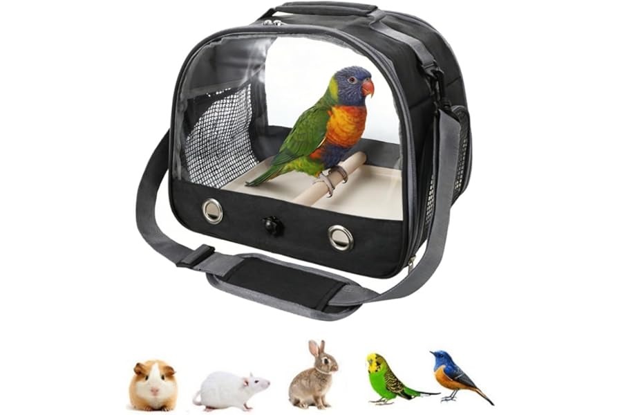 Bird Carrier with Strand Perch and PP Tray Detachable Breathable Bird Travel Cage Shoulder Bag Handbag for Budgie Parrot Small Animals (Black)