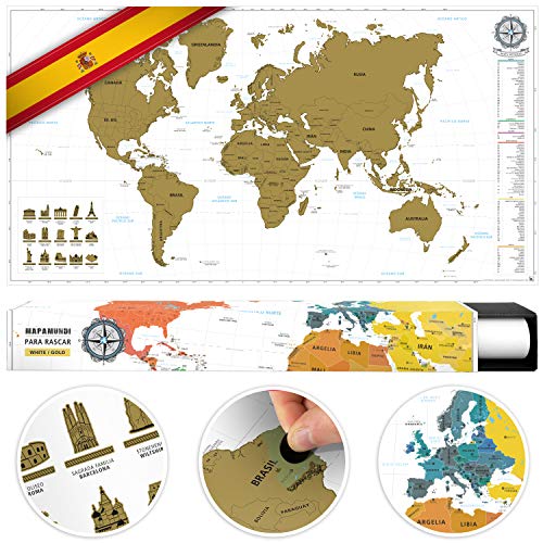 #benehacks Planisfero Mondo da grattare Poster Mappa del Mondo in Spagnola - Cartina geografica da Utilizzare Come diario da Viaggio - Cartina Mondo - Oro/Bianco 84 x 44 cm