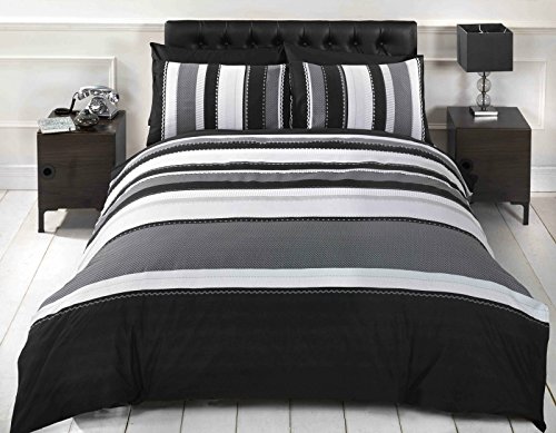 Signature Striped Adults Teenagers Quilt Duvet Cover and 2 Pillowcase Bedding Bed Set, Grey, Double