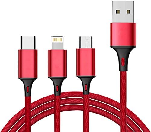 3 in 1 Multiple USB Charging Cable with 8pin lightning/Micro USB/Type USB C, MYECOGO Aluminum alloy Nylon Braided Multi charger Connector for Android Devices iPhone 7 plus/iPad/Macbook(3.9 feet Red)