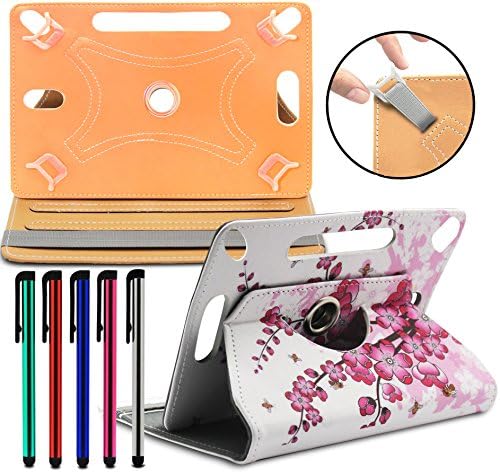 LOLO® 10 Inch Fusion5 Sharp4 Android Kitkat Tablet PC 360 Degree Rotating Universal PU Leather Case Cover Stand Pocket Pouch With TAN - Designer Pink Blossom Flowers Floral
