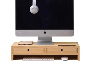 KIRIGEN Wood Monitor Stand with 2 Drawers Computer Arm Riser Desk Storage Organizer, TV Laptop Printer Stand,2-Tier Desktop Shelf Natural