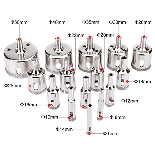 Tily 15-teiliges Diamant-Werkzeug-Bohrerset/Lochsäge-Set für Glas, Keramik, Marmor, von 6–50 mm Durchmesser - 8