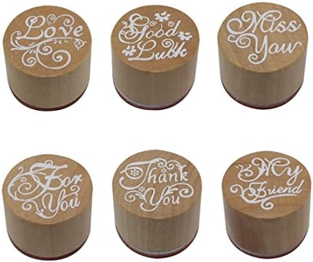 Xiaoqing 6pcs Greeting Round Wooden Rubber Stamp(Miss you/For you/Thank you/Love/My Friend/Good Luck)