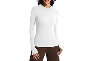 EBANKU Damskie topy z długim rękawem szyja warstwy bazowe obcisłe dopasowane jednokolorowe rozciągliwe koszulki topy