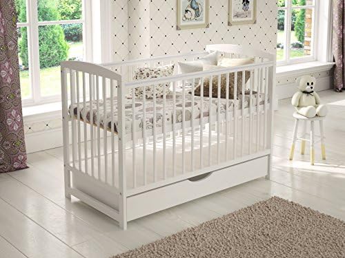 White Wooden Baby Cot with Drawer 120x60cm + Safety Wooden Barrier + Teething Rails