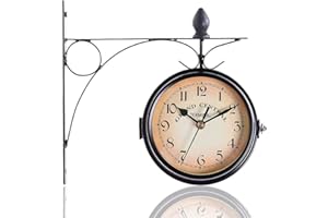 PaMeer Dual faced Station Clock, Round Wall Hanging Double Sided Garden Clock, Wall-Mounted Hanging Station Clock, Outdoor Wall-Mounted Garden Clock - Black