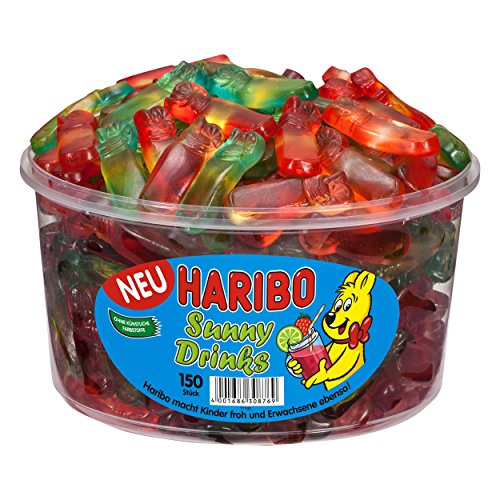 Haribo Sunny Drinks, Gummibärchen, Weingummi, Flaschenmotiv, Fruchtgummi, 150 Stück, Dose, 1200 g