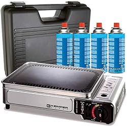 Plancha gaz portable 2300W Kemper plaque anti adhésive + 4 cartouches gaz camping + Valise de transport