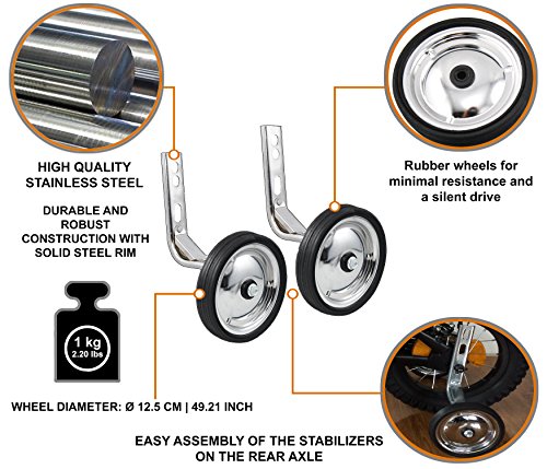 PROMETHEUS Stützräder für Kinderfahrrad | Universelle Stabilisatoren für die meisten 12″ bis 20″ Kinderfahrräder in Silber / Chrom | Sicherheitsstützräder jedoch nur zur Montage auf der Hinterradachse geeignet! | Stabile Stahlkonstruktion mit Gummi-Reifen | Edition 2017 - 5